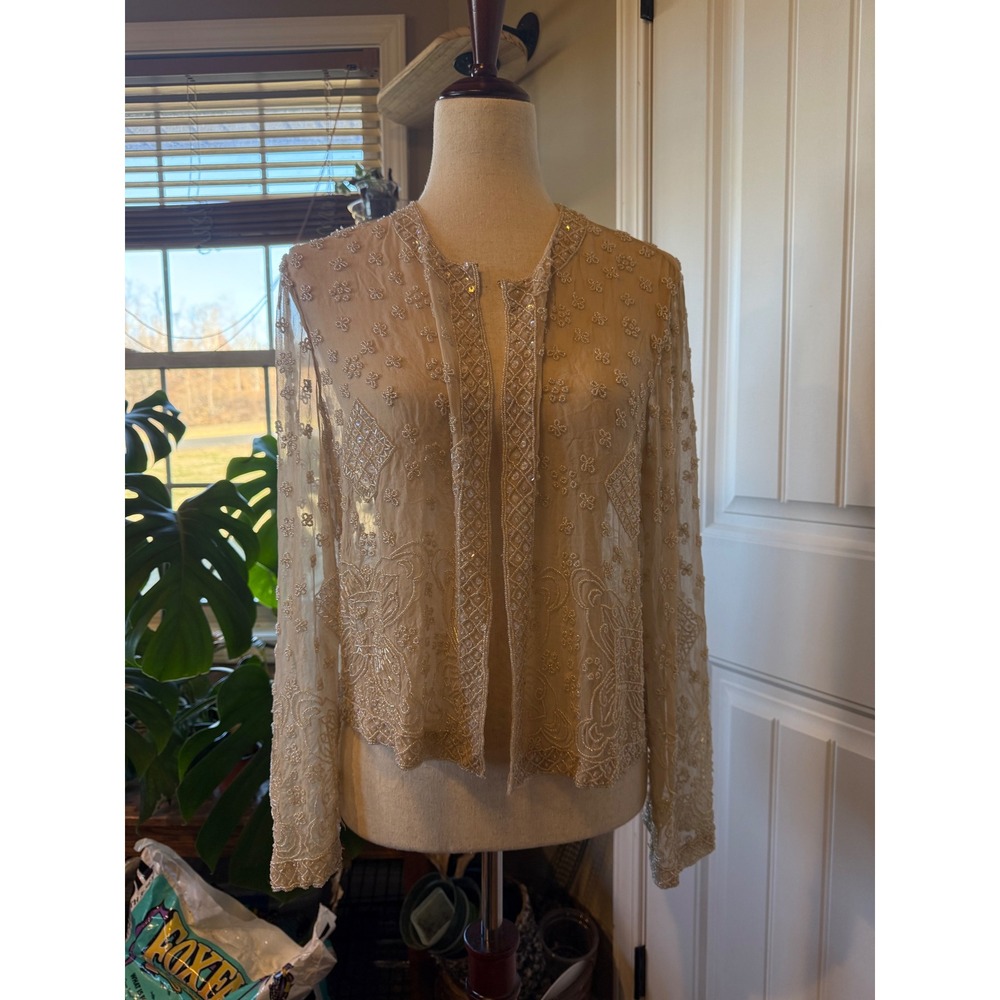 Talbots Beaded Silk Sheer Kimono Jacket Cardigan Ivory Beige Size M